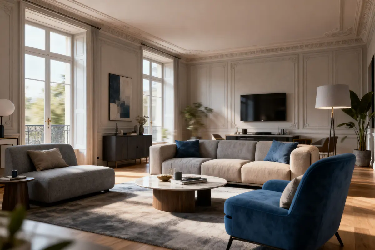 Salon moderne, ameublement élégant, lumière naturelle, aménager son intérieur avec l'intelligence artificielle efficacement
