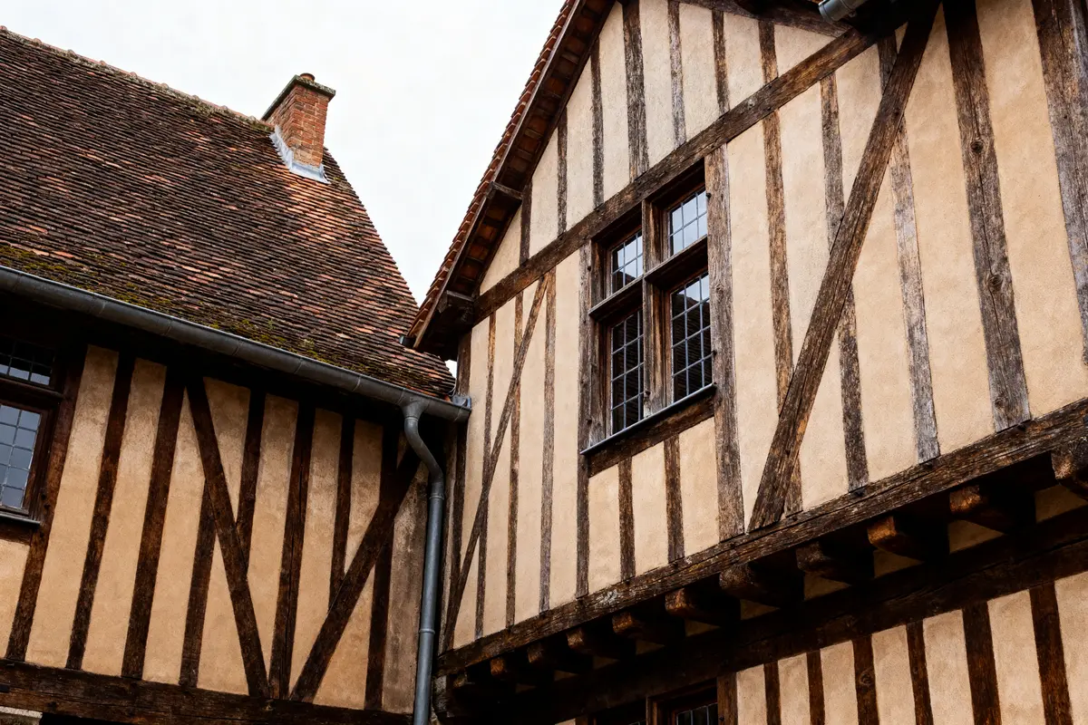 Maison à colombages de style architectural tudor avec fenêtres à croisillons et toit en pente