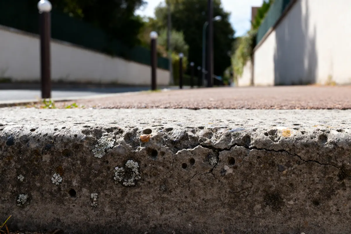 Bordure de trottoir en beton drainant avec lichens en milieu urbain calme