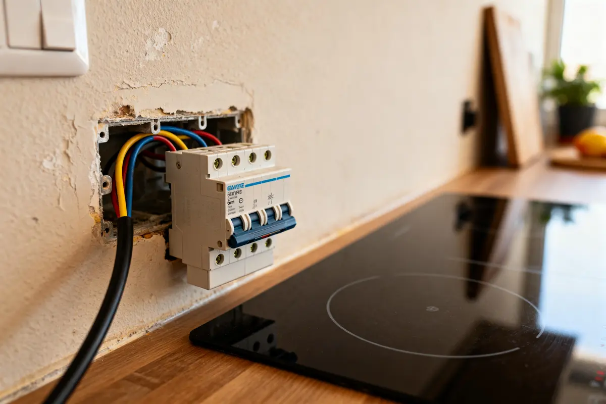 Câblage électrique pour le branchement plaque induction sur un plan de travail de cuisine
