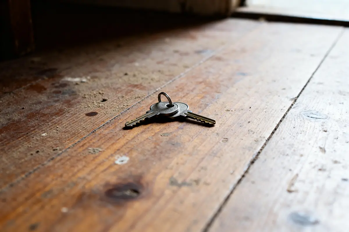 Clef de porte de maison perdue sur un plancher en bois près d'une porte ouverte