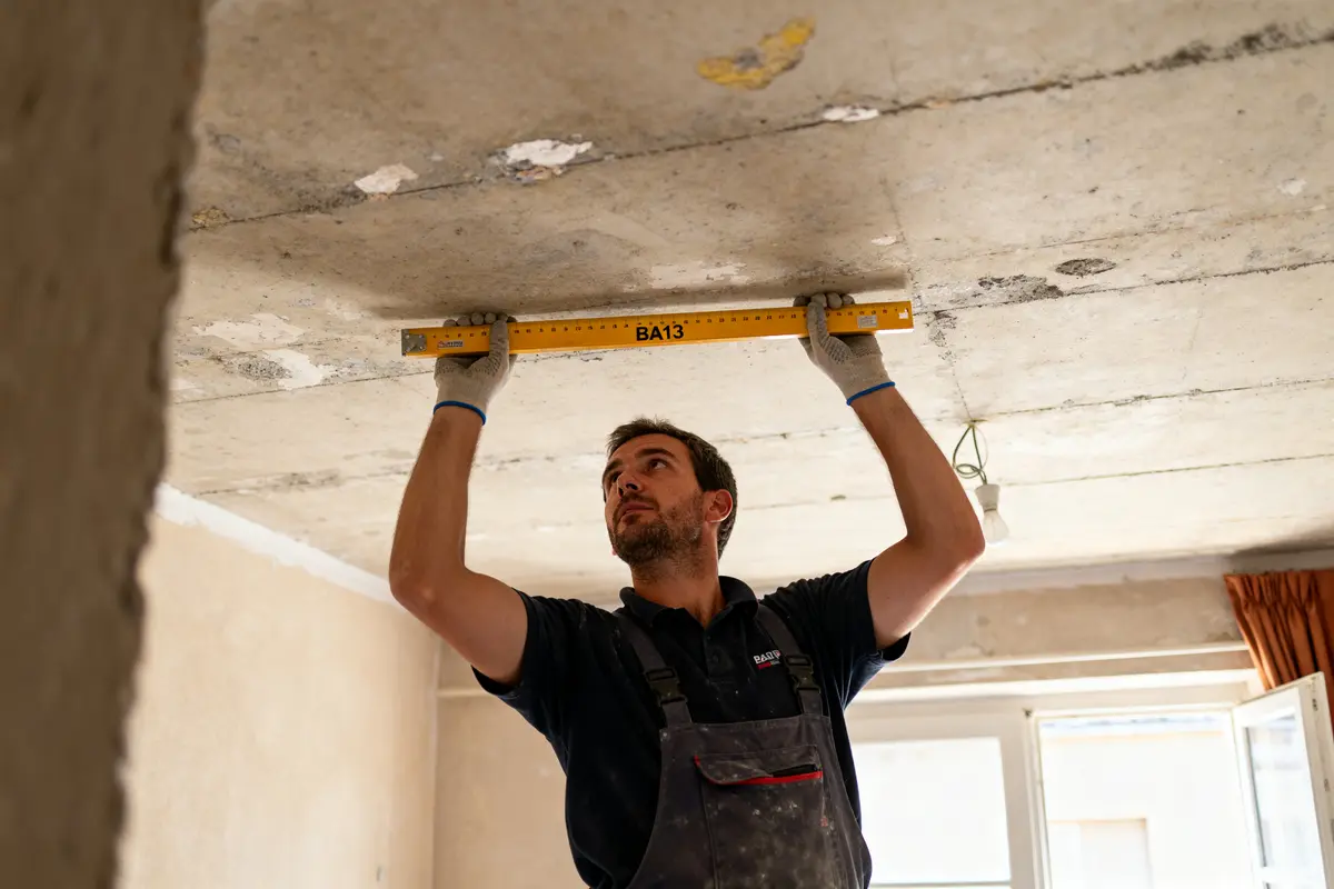 Homme mesure le plafond avant de coller du BA13 au plafond avec précision