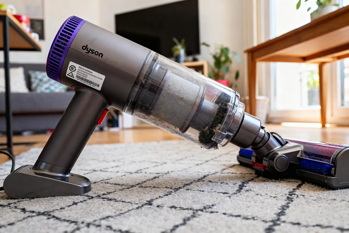 Aspirateur Dyson sur tapis avec potentiel conduit d'air bloqué dyson en intérieur lumineux