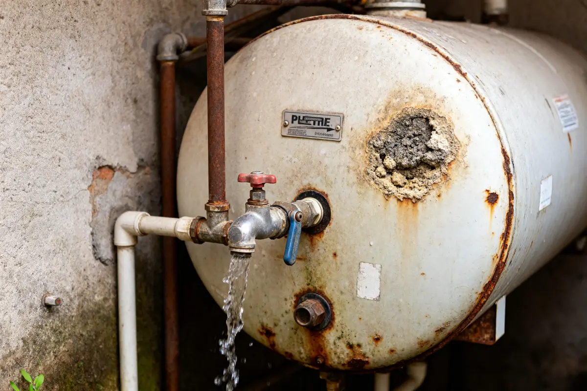 Chauffe-eau rouillé et endommagé reflétant la durée de vie d'un chauffe-eau vieillissant