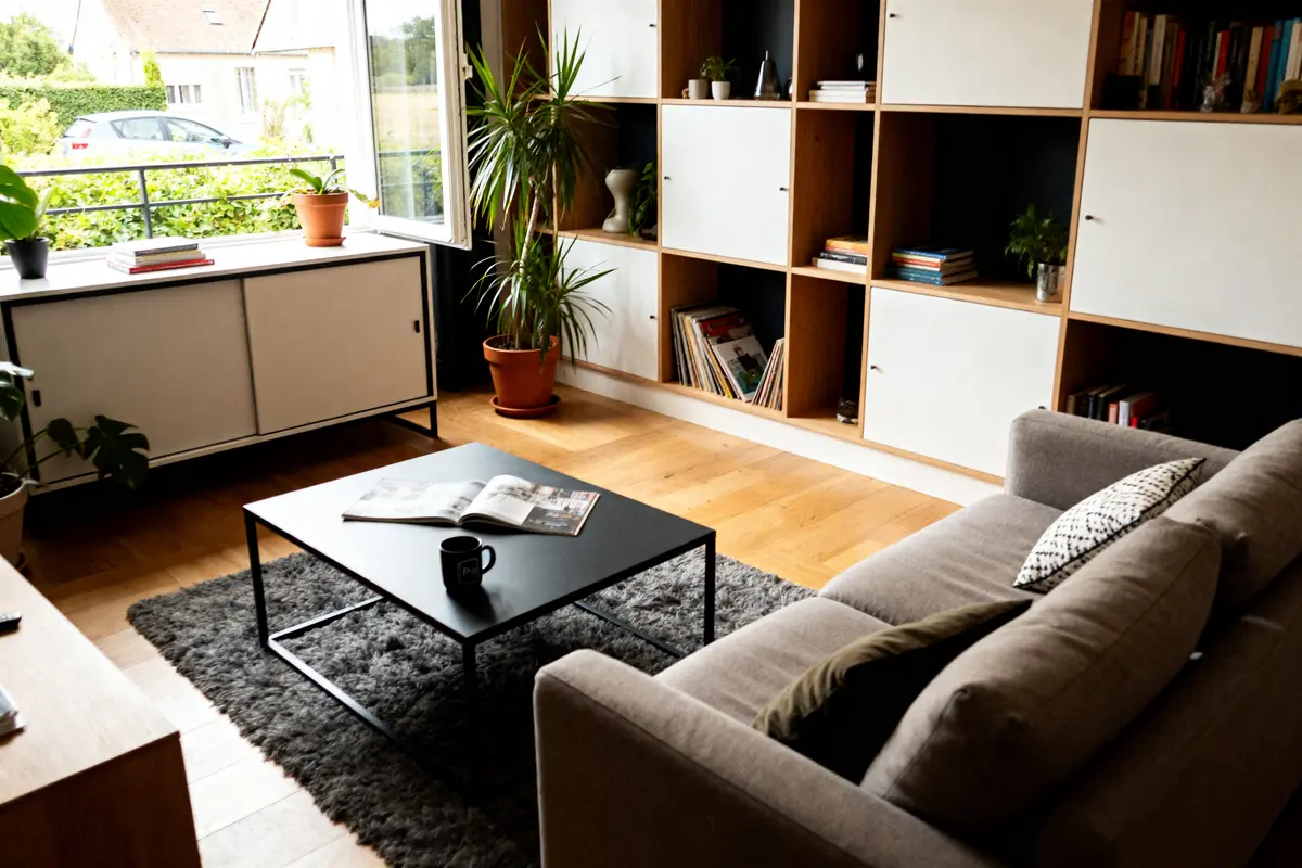 Canapé, étagères et plantes vertes pour équiper un salon moderne lumineux et accueillant