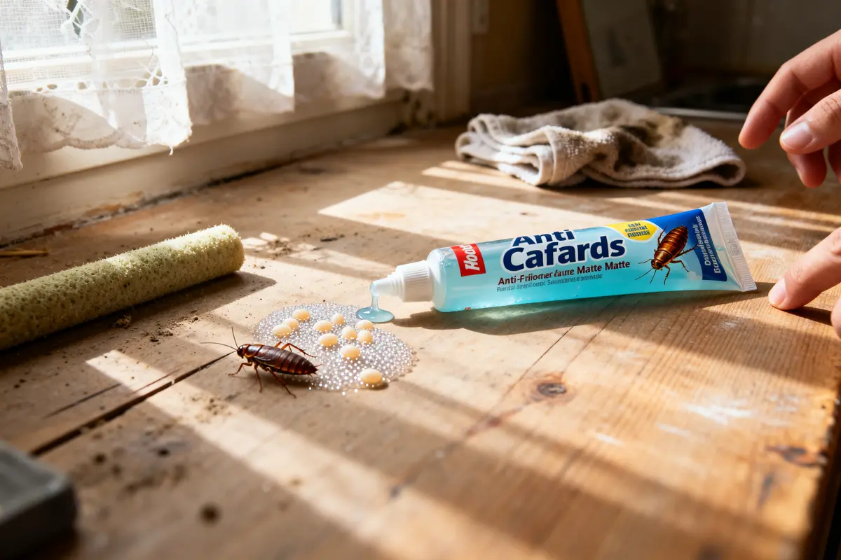 Gel anti-cafards efficace pour éradiquer les cafards à la maison sur table en bois