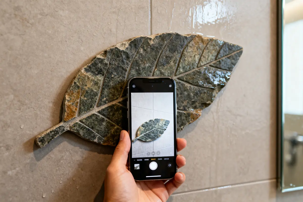 Une feuille de pierre décorative dans une salle de bain prise en photo.