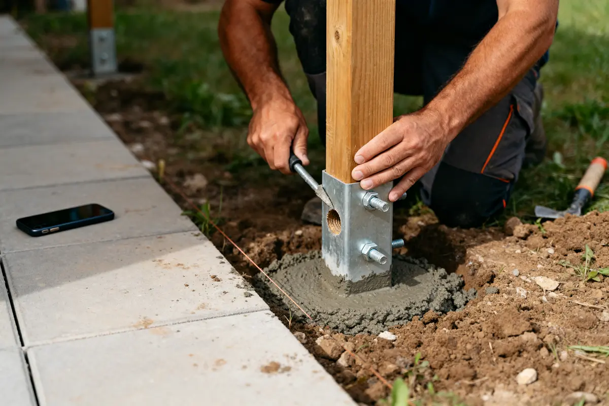 Homme fixant un poteau en bois dans la terre avec du ciment et des outils