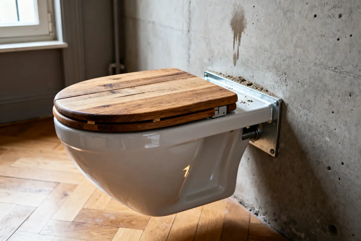 WC suspendu moderne à abattant bois, hauteur wc suspendu optimale dans salle de bain design