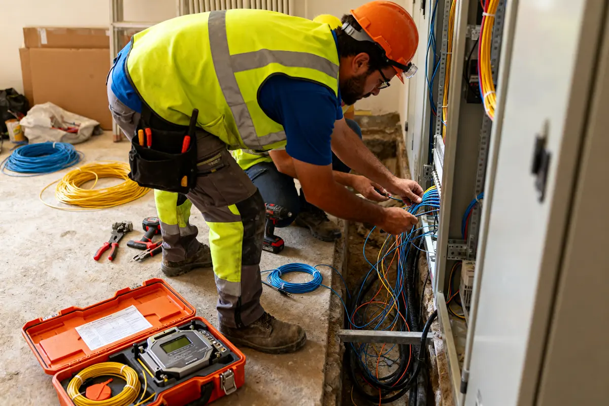 Technicien raccordant câbles pour installation fibre sans accord propriétaire dans un bâtiment en construction
