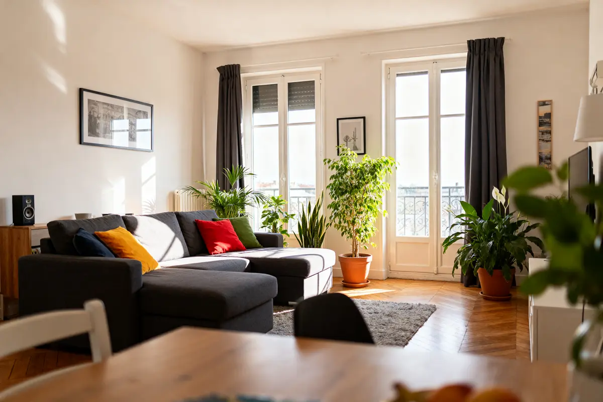 Salon lumineux avec canapé, plantes vertes et parquet chez lamaisondetiti.fr