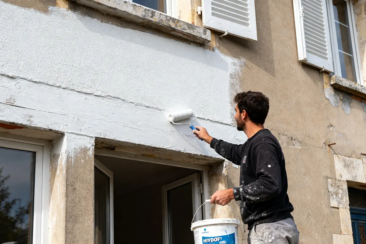 Homme peignant un crépi extérieur blanc avec rouleau devant une maison