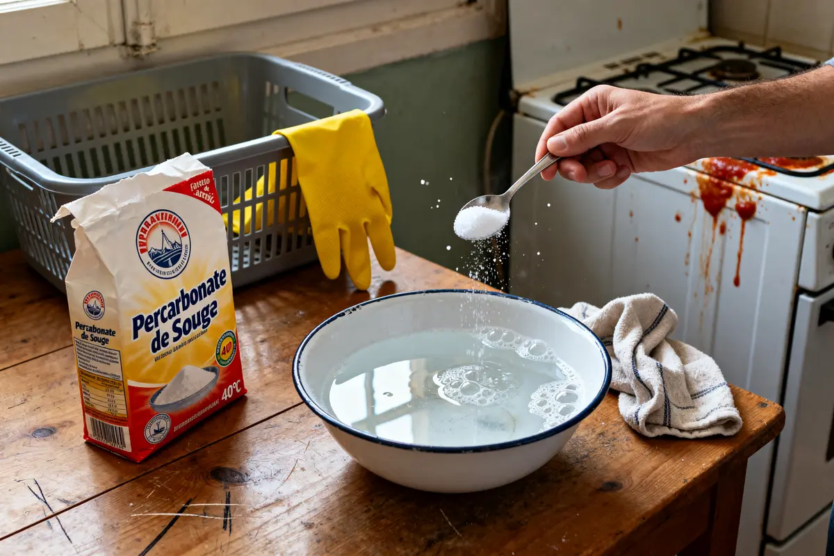 Main versant du percarbonate de soude dans un bol d'eau pour utilisation domestique
