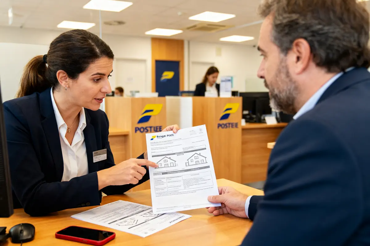 Une conseillère explique les prêts immobiliers La Banque Postale à un client en agence