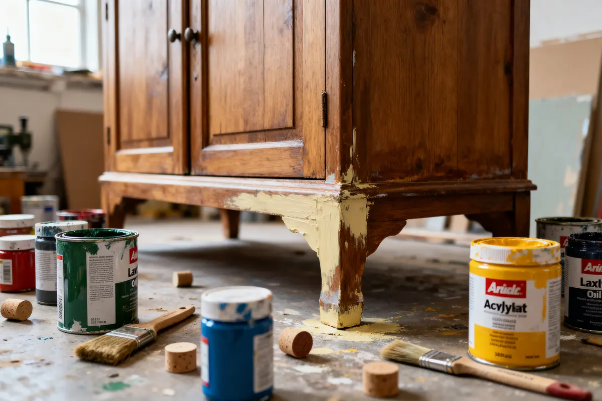 Pots de peinture et pinceaux autour d'un meuble en bois à repeindre quelle peinture choisir