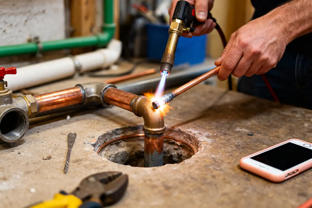 Main utilisant un chalumeau pour souder le cuivre sur des tuyaux de plomberie en cours