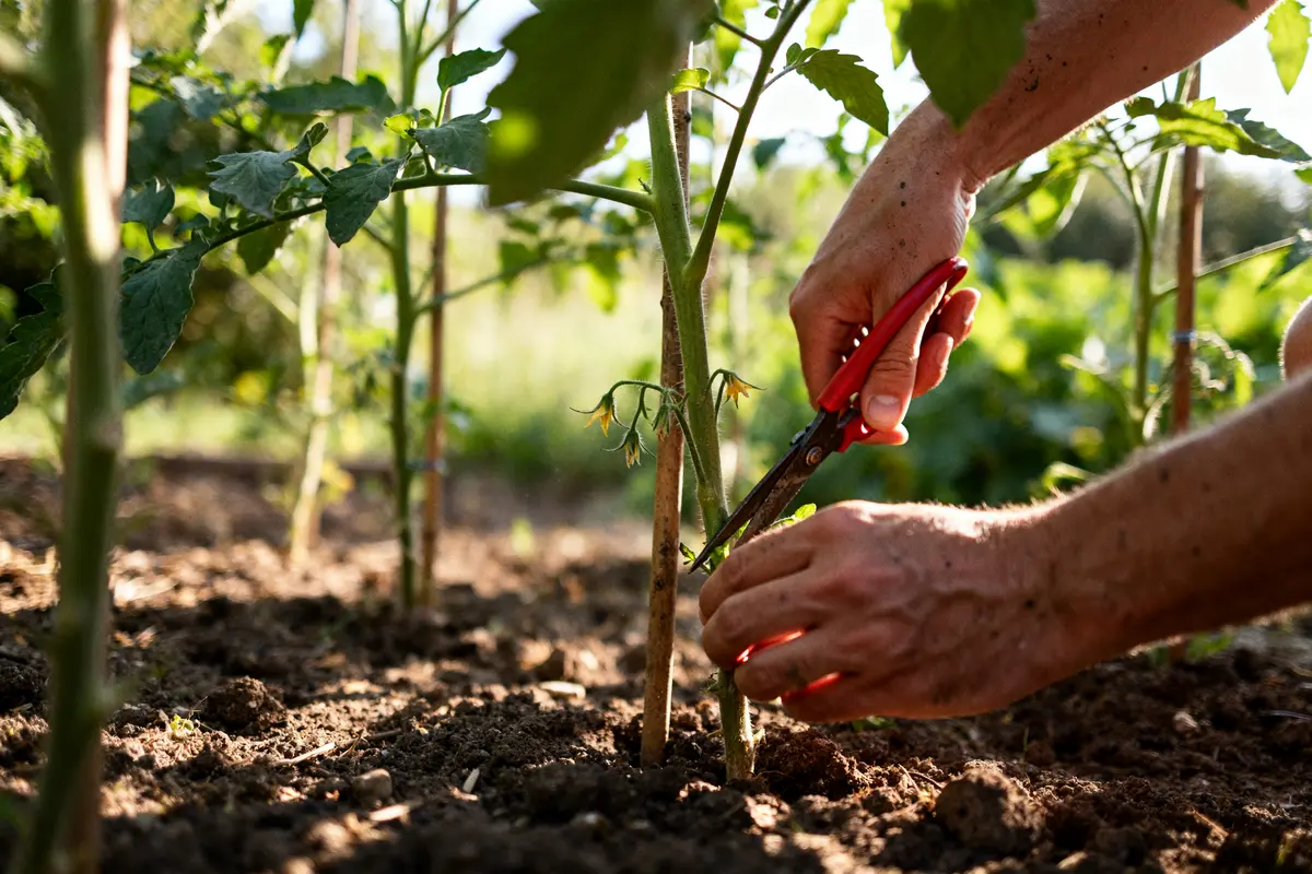 Jardinier utilisant des cisailles pour tailler les pieds de tomates dans un potager ensoleillé