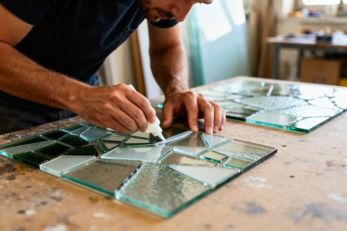 Homme appliquant de la colle sur mosaïque de verre, illustrant des techniques pour coller du verre