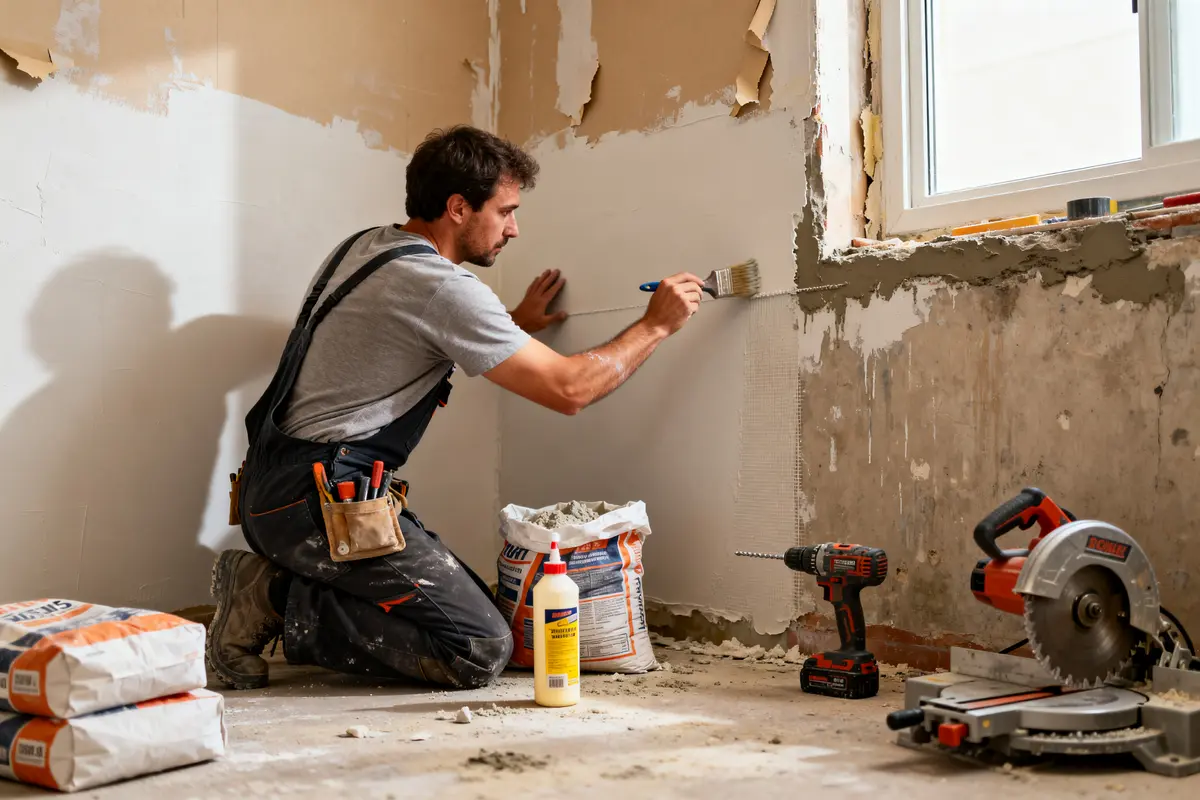 Ouvrier appliquant du plâtre sur mur en rénovation, illustrant le temps de pose du placo