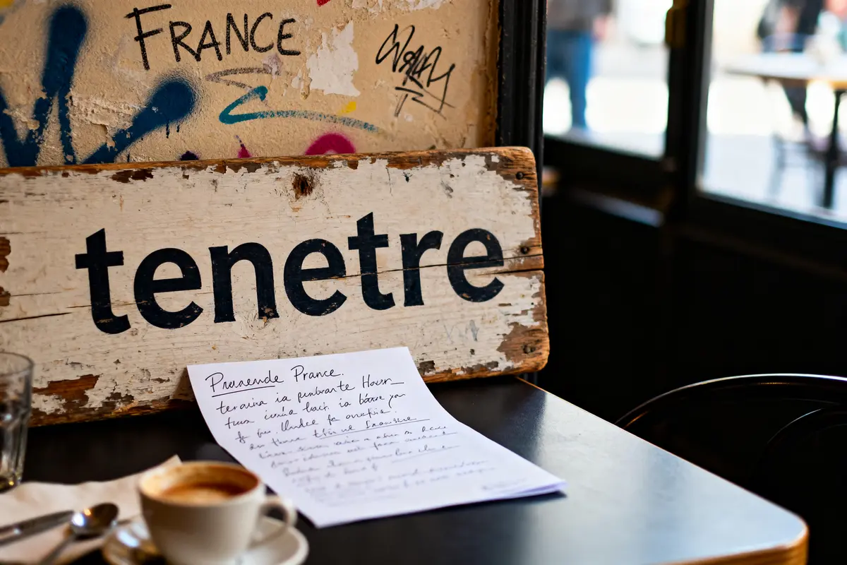 Table de café avec pancarte tenetre, notes manuscrites et tasse de café.