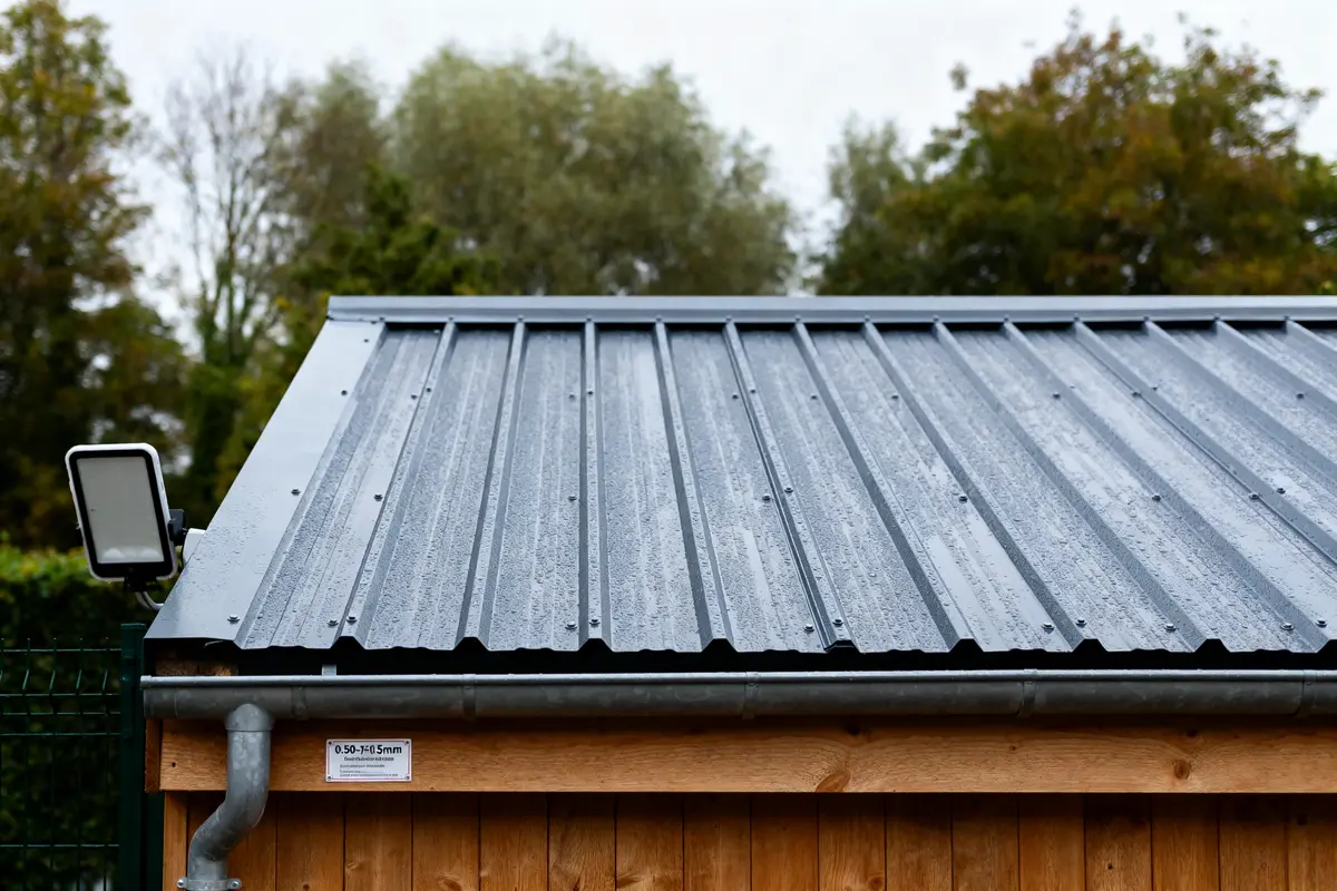 Toiture en bac acier moderne et robuste sur structure en bois avec végétation en arrière-plan