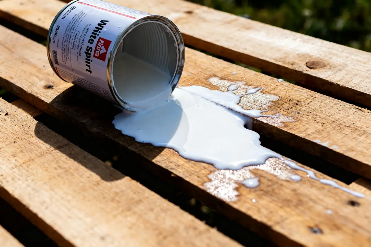 Boîte de white spirit renversée sur bois brut d'une palette en extérieur