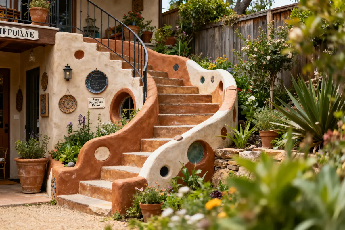 Escalier extérieur en stuc avec décorations rondes, plantes en pot, jardin fleuri et panneaux décoratifs.
