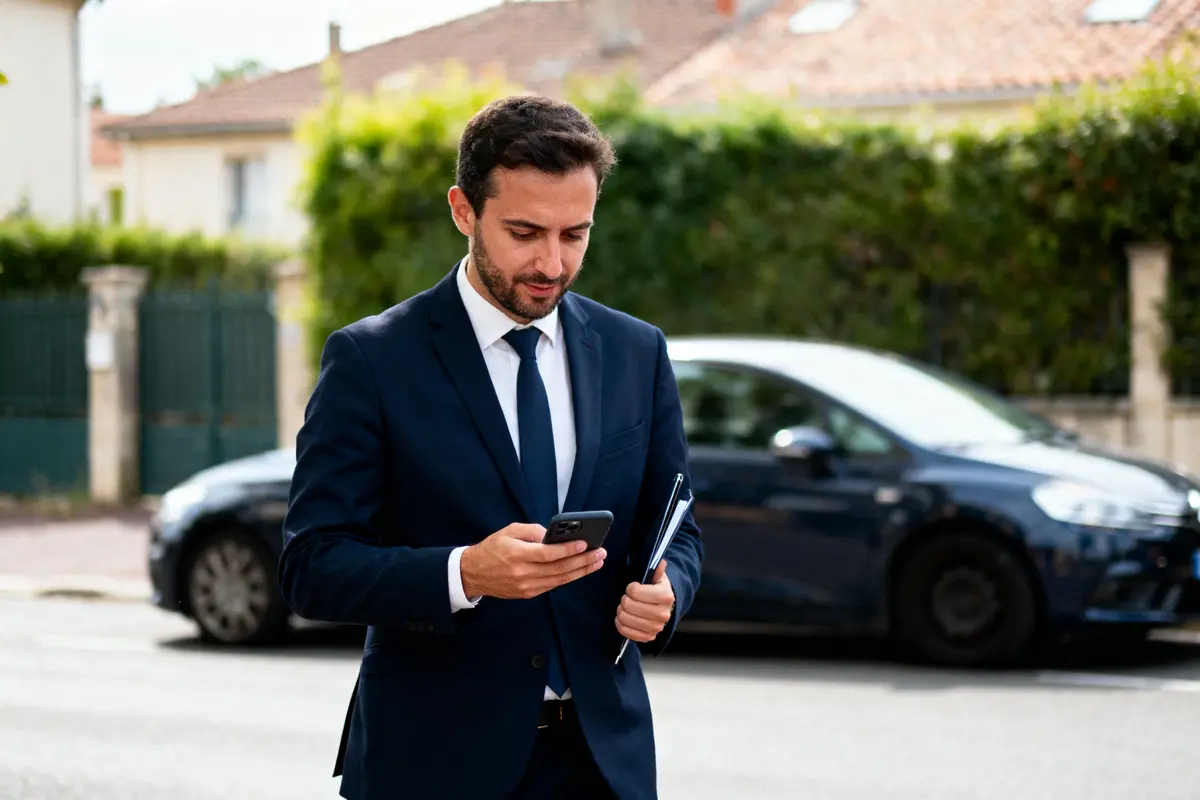 Hommes en costume regardant son téléphone dans la rue, tenant des documents, voiture en arrière-plan.