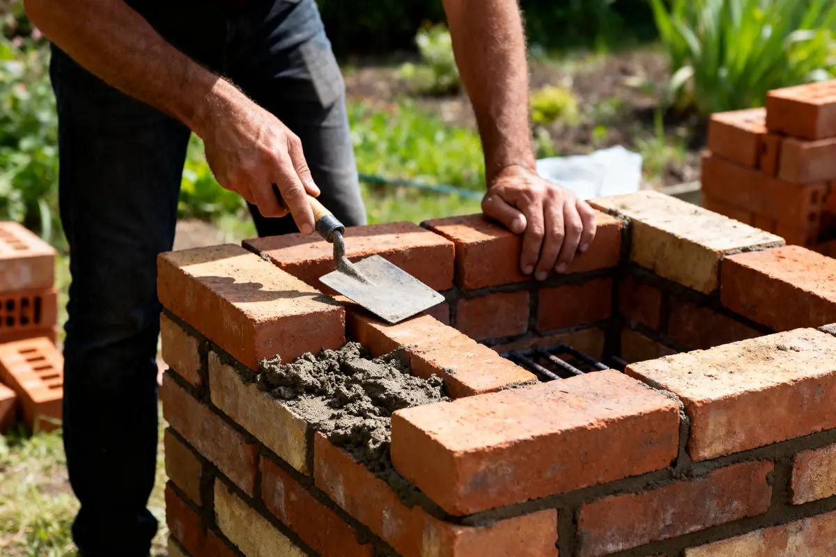 Personne construisant un barbecue en briques, utilisant une truelle pour appliquer du mortier entre les briques.