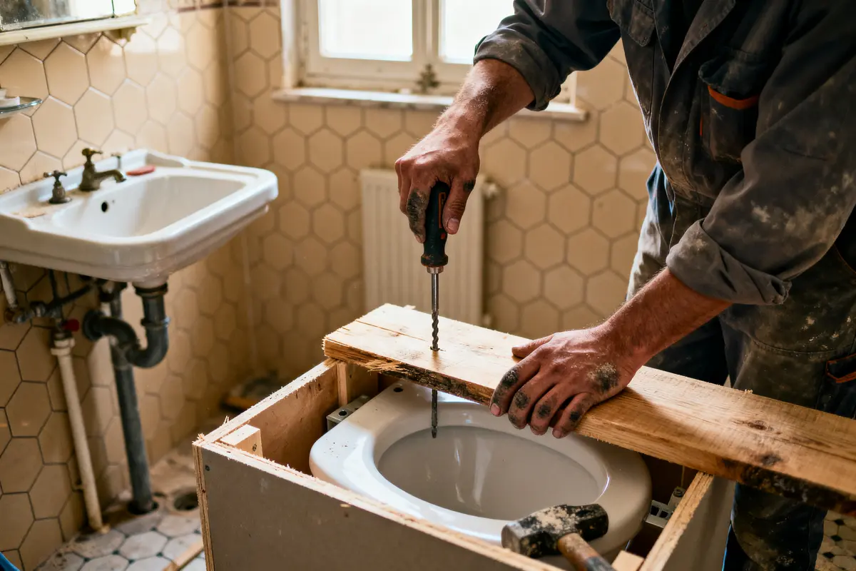 Personne perçant une planche au-dessus d'une toilette, travaux dans une salle de bain en rénovation.