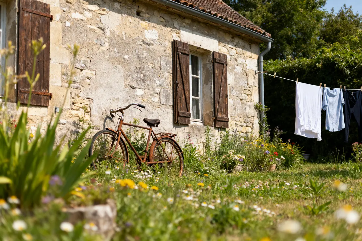 Vieux vélo devant maison en pierre, volet en bois, linge séchant, jardin fleuri et nature environnante.