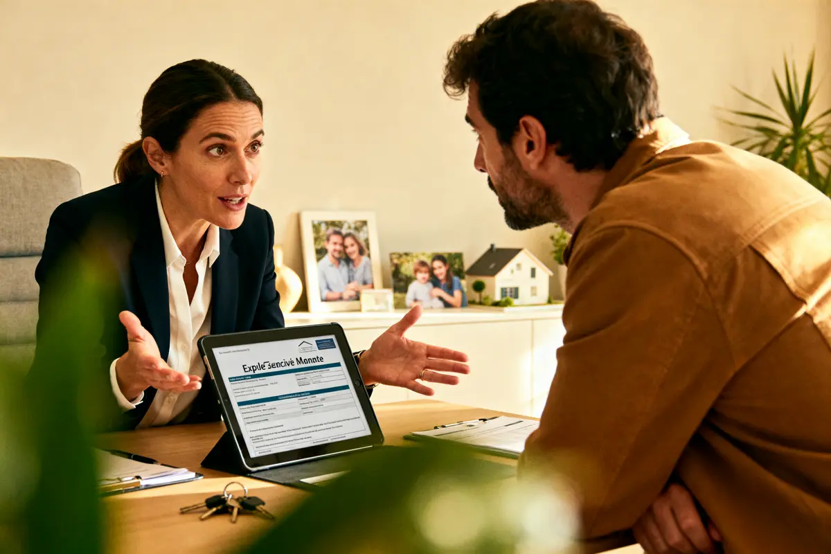 Une femme et un homme discutent, documents visibles sur tablette, cadre familial en arrière-plan.