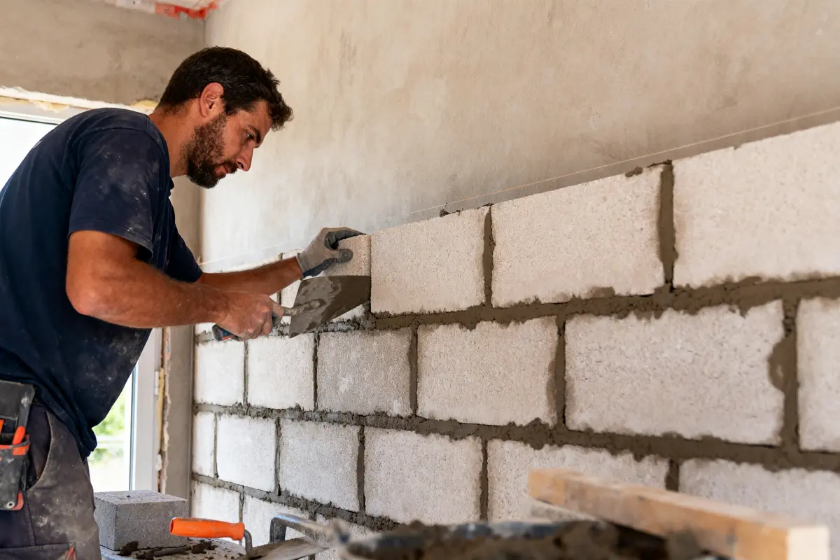 Homme posant du mortier sur un mur de parpaings en construction, portant des gants de travail.