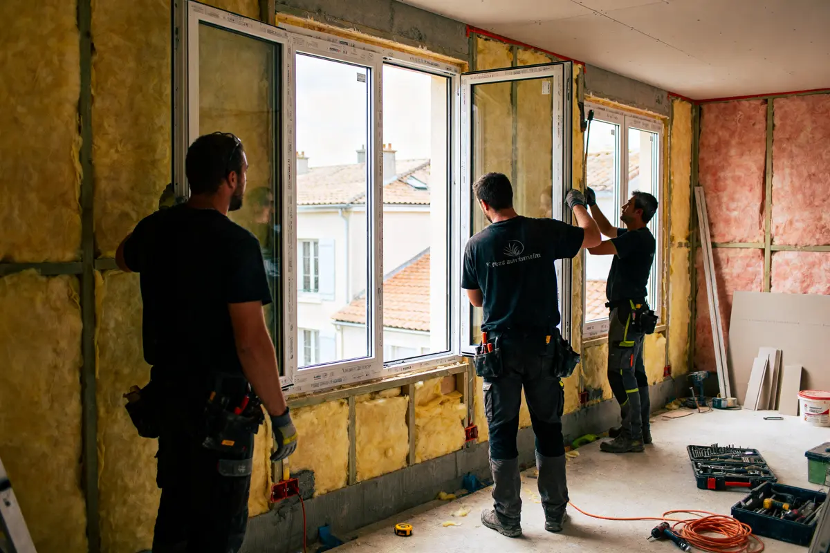 Trois ouvriers installent des fenêtres dans un bâtiment en construction. Outils éparpillés au sol.
