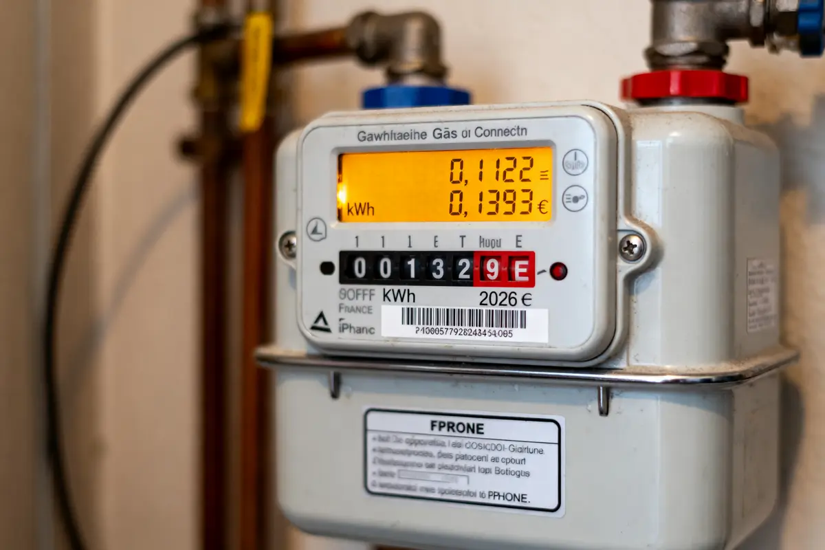 Compteur de gaz numérique avec affichage de la consommation en kWh et coût en euros, installé sur un mur.