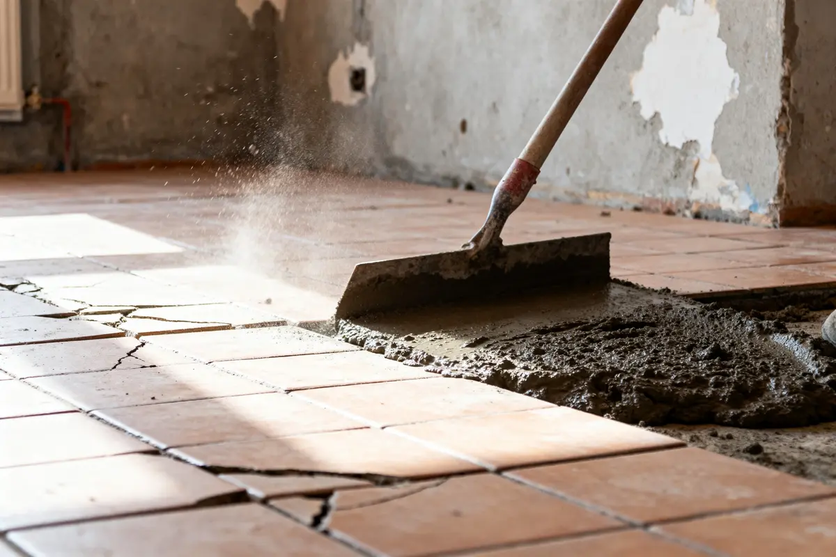 Carrelage fissuré en réparation avec du mortier dans une pièce en rénovation.