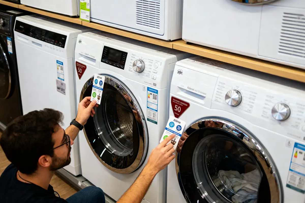 Homme comparant étiquettes énergétiques de machines à laver dans un magasin d'électroménager.