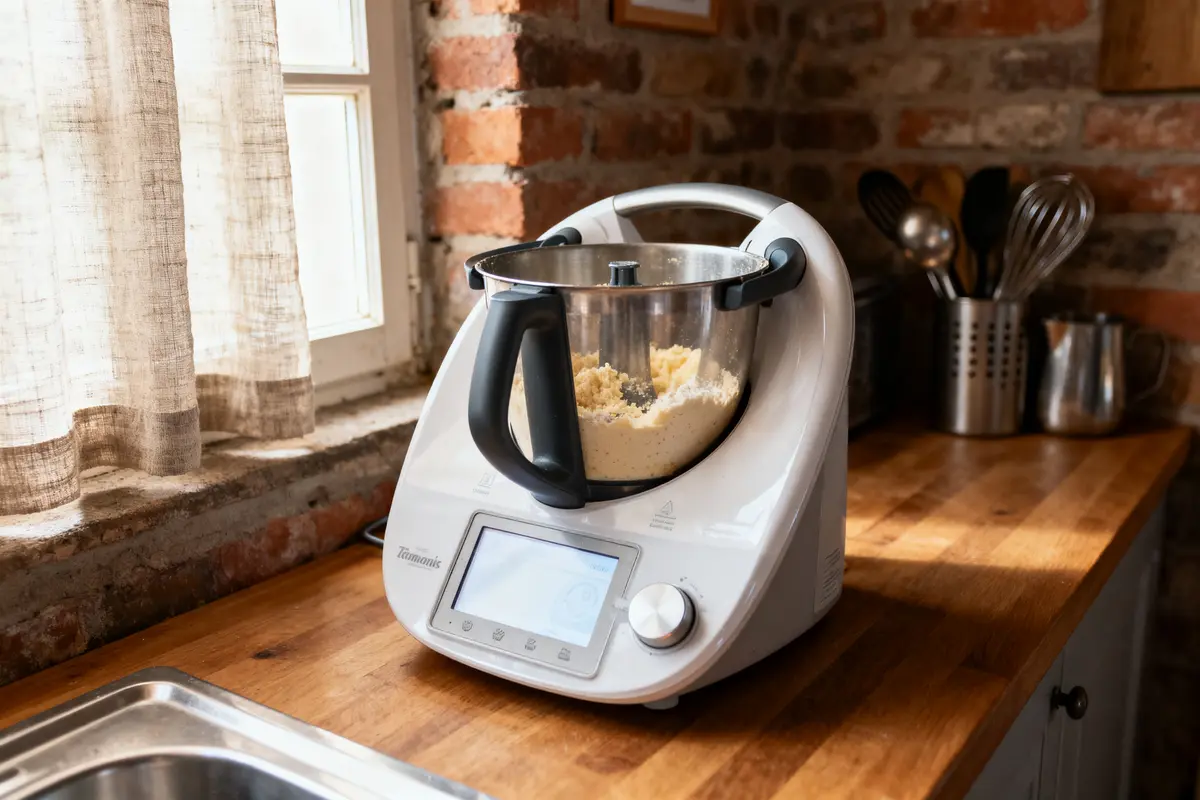 Robot culinaire moderne sur un comptoir en bois, près d'une fenêtre, mélangeant des ingrédients.