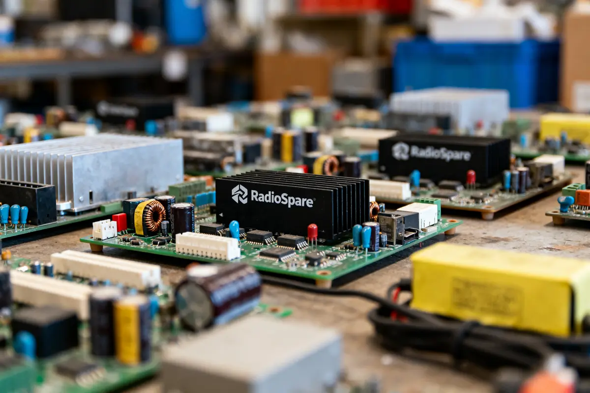 Cartes électroniques avec composants divers, marquées "RadioSpare", posées sur une surface en bois.